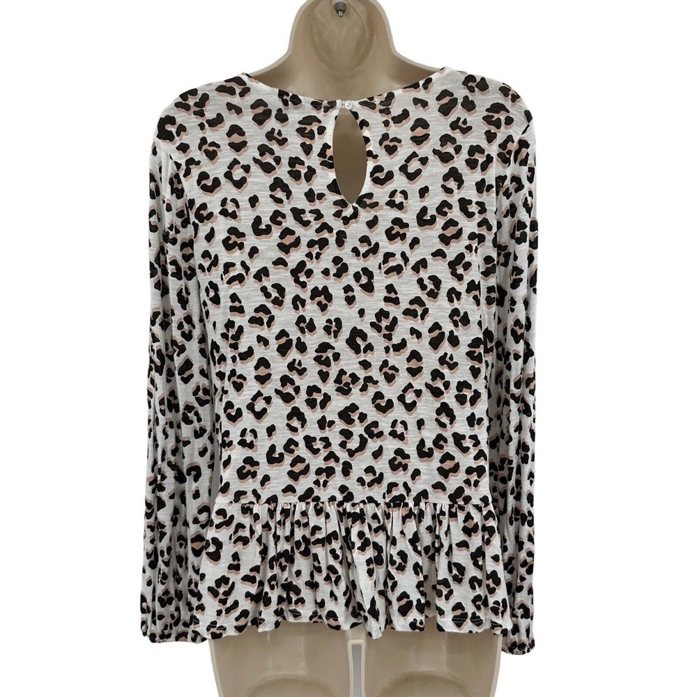 Lucky Brand T-Shirt XS Women's White Pink Multi Animal Print Peplum Long Sleeve - Picture 4 of 8